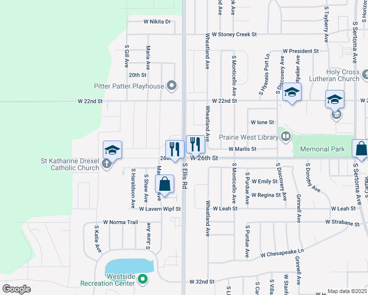 map of restaurants, bars, coffee shops, grocery stores, and more near 2229 South Ellis Road in Sioux Falls