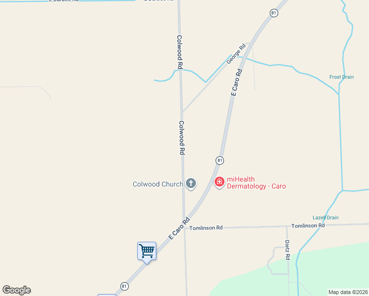 map of restaurants, bars, coffee shops, grocery stores, and more near 2178 Colwood Road in Caro