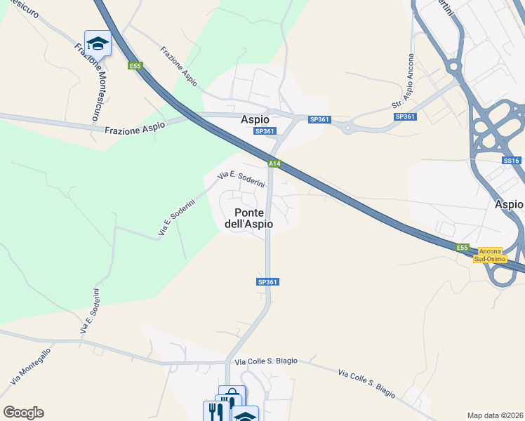 map of restaurants, bars, coffee shops, grocery stores, and more near 103 Via Ancona in Ponte Dell'aspio