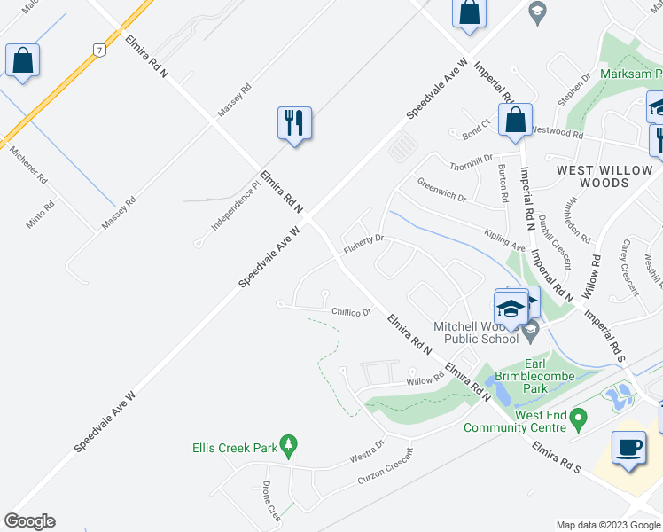 map of restaurants, bars, coffee shops, grocery stores, and more near 176 Elmira Road North in Guelph
