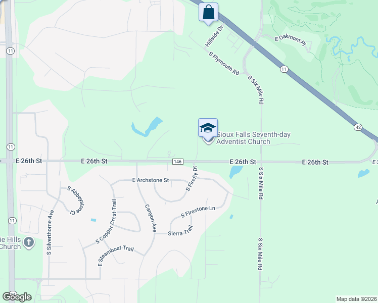 map of restaurants, bars, coffee shops, grocery stores, and more near 7412 East 26th Street in Sioux Falls
