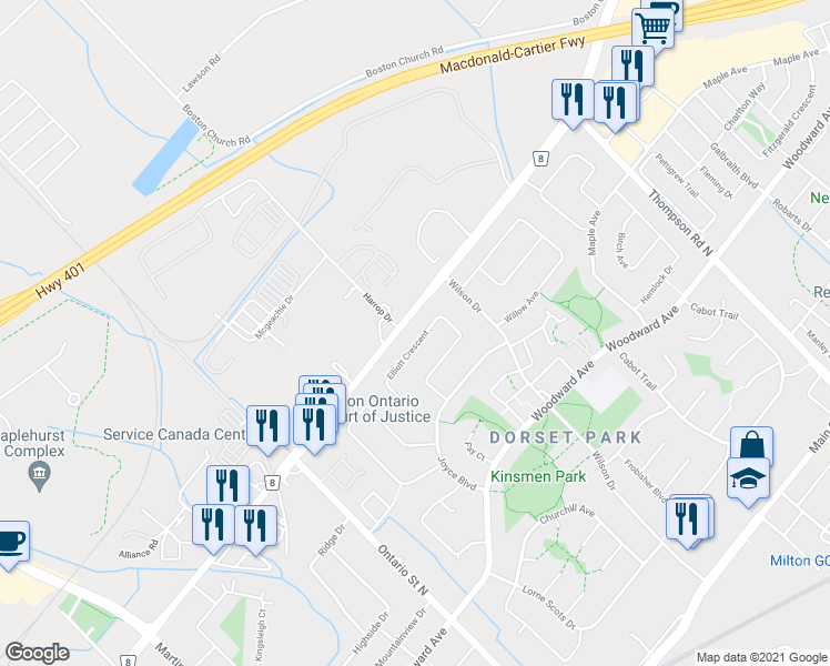 map of restaurants, bars, coffee shops, grocery stores, and more near 622 Elliott Crescent in Milton