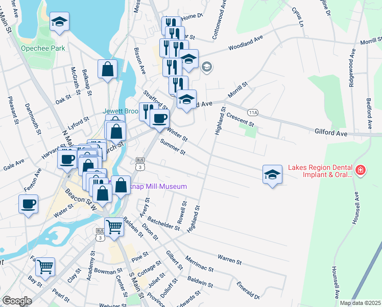 map of restaurants, bars, coffee shops, grocery stores, and more near 76 Summer Street in Laconia