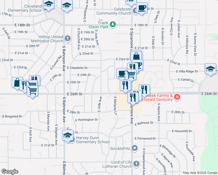 map of restaurants, bars, coffee shops, grocery stores, and more near 1713 South Melanie Lane in Sioux Falls