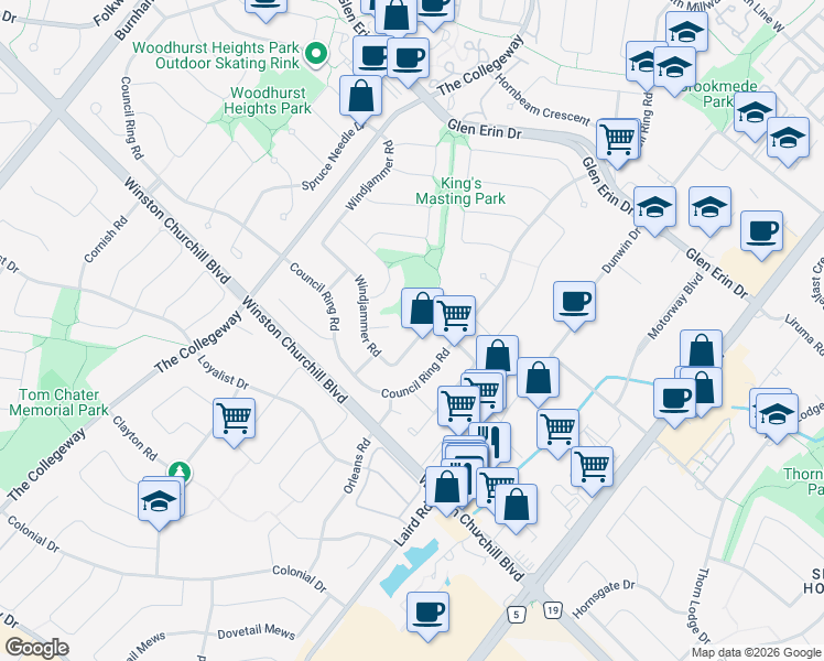 map of restaurants, bars, coffee shops, grocery stores, and more near 2821 Windjammer Road in Mississauga