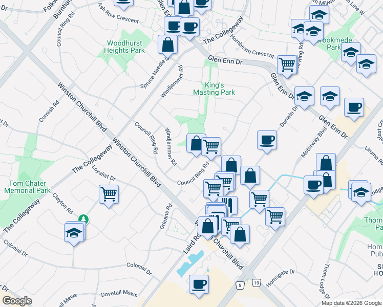 map of restaurants, bars, coffee shops, grocery stores, and more near 2814 Windjammer Road in Mississauga