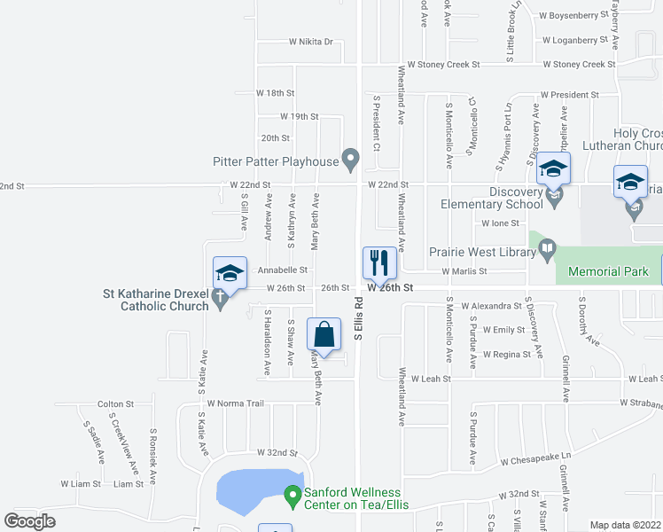 map of restaurants, bars, coffee shops, grocery stores, and more near 1701 South Ellis Road in Sioux Falls