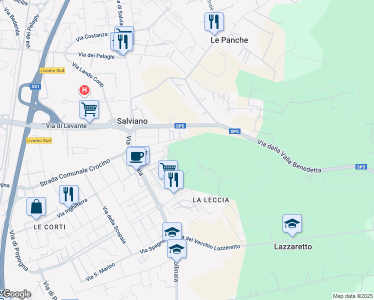 map of restaurants, bars, coffee shops, grocery stores, and more near 34 Via della Leccia in Livorno