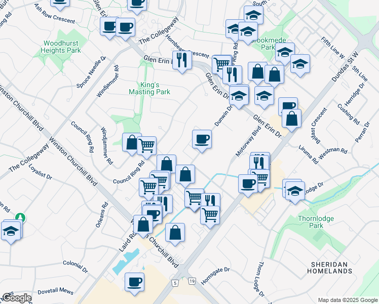 map of restaurants, bars, coffee shops, grocery stores, and more near 2505 Dunwin Drive in Mississauga