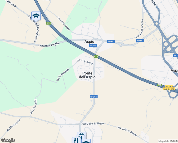 map of restaurants, bars, coffee shops, grocery stores, and more near 103 Via Ancona in Ponte Dell'aspio