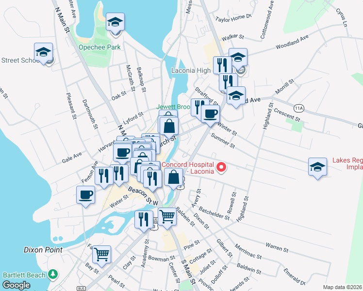 map of restaurants, bars, coffee shops, grocery stores, and more near 14 River Street in Laconia