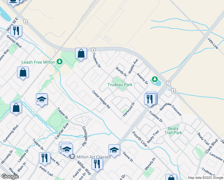 map of restaurants, bars, coffee shops, grocery stores, and more near in Milton