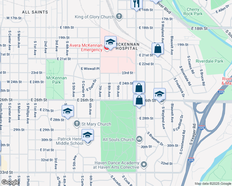 map of restaurants, bars, coffee shops, grocery stores, and more near 1719 South 9th Avenue in Sioux Falls