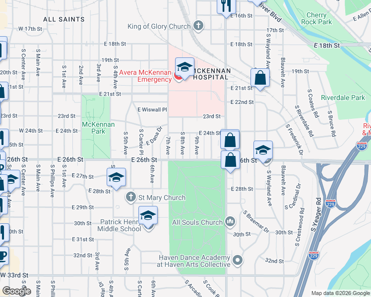 map of restaurants, bars, coffee shops, grocery stores, and more near 1719 South 8th Avenue in Sioux Falls