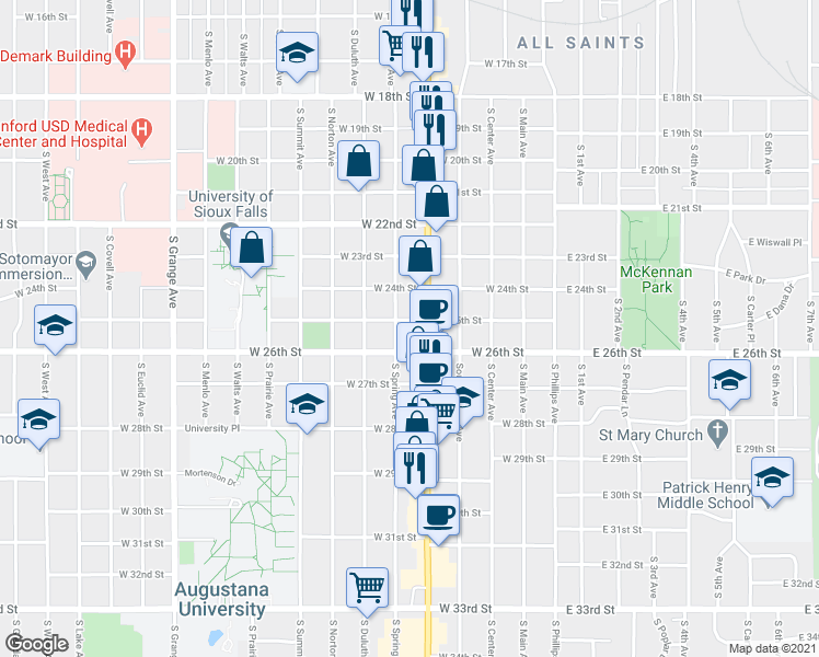 map of restaurants, bars, coffee shops, grocery stores, and more near 1701 South Minnesota Avenue in Sioux Falls
