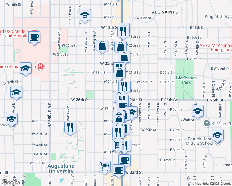 map of restaurants, bars, coffee shops, grocery stores, and more near 1701 South Minnesota Avenue in Sioux Falls