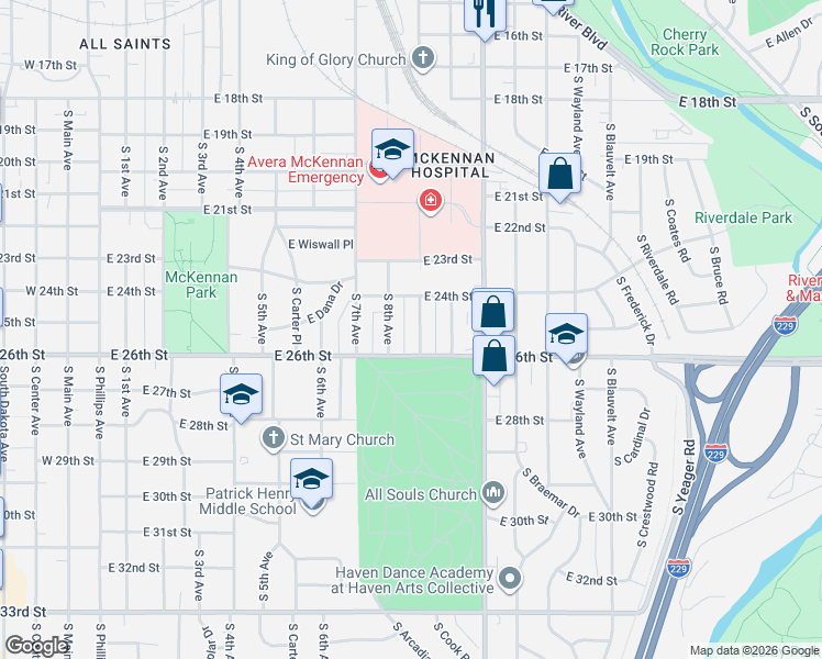 map of restaurants, bars, coffee shops, grocery stores, and more near 1719 South 9th Avenue in Sioux Falls
