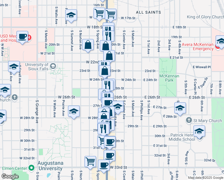map of restaurants, bars, coffee shops, grocery stores, and more near 407 West 25th Street in Sioux Falls