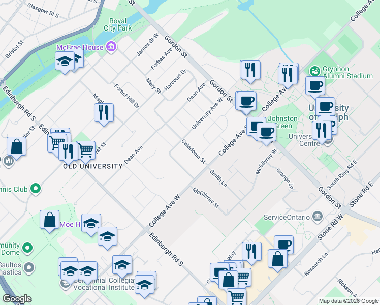 map of restaurants, bars, coffee shops, grocery stores, and more near 47 Caledonia Street in Guelph