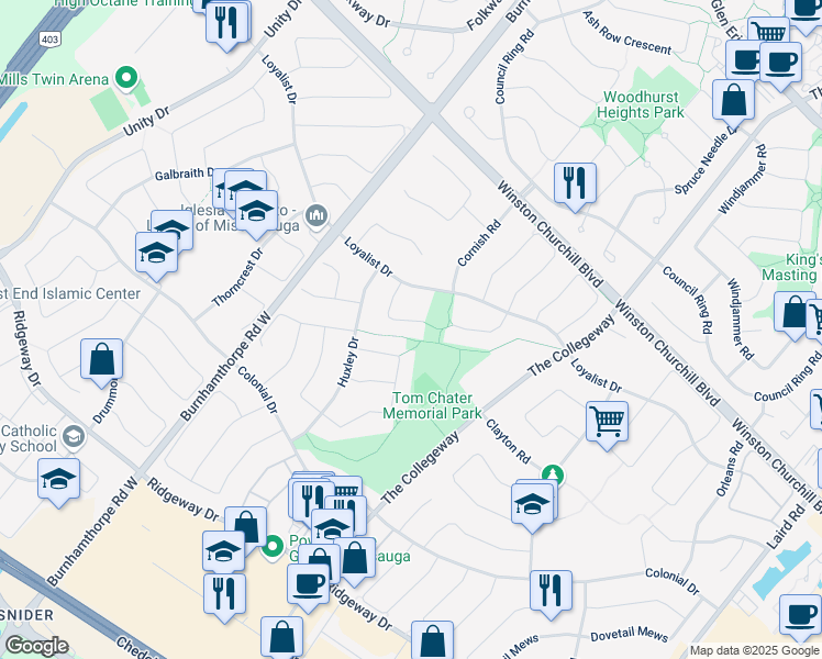 map of restaurants, bars, coffee shops, grocery stores, and more near 3610 Baird Court in Mississauga
