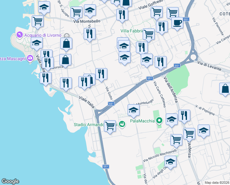 map of restaurants, bars, coffee shops, grocery stores, and more near 25 Via Giovanni da Verrazzano in Livorno