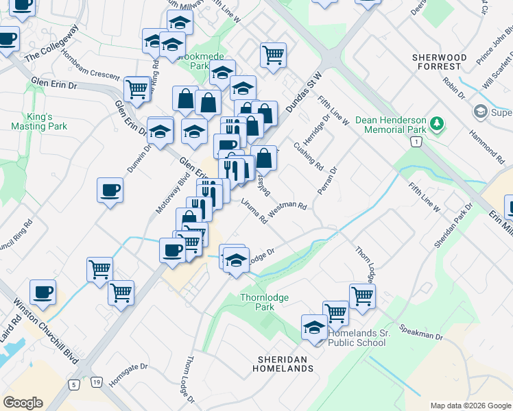 map of restaurants, bars, coffee shops, grocery stores, and more near 2613 Liruma Road in Mississauga
