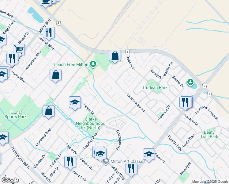 map of restaurants, bars, coffee shops, grocery stores, and more near 353 Hincks Drive in Milton