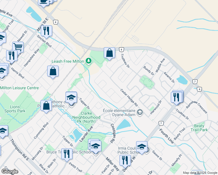 map of restaurants, bars, coffee shops, grocery stores, and more near 353 Hincks Drive in Milton
