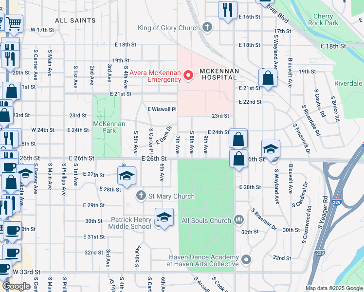 map of restaurants, bars, coffee shops, grocery stores, and more near 1719 South 8th Avenue in Sioux Falls