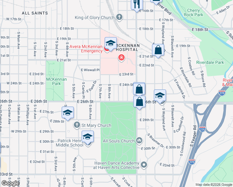 map of restaurants, bars, coffee shops, grocery stores, and more near 1719 South 9th Avenue in Sioux Falls
