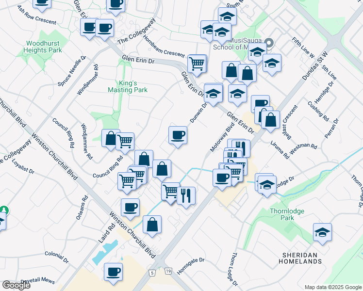 map of restaurants, bars, coffee shops, grocery stores, and more near 2484 Dunwin Drive in Mississauga
