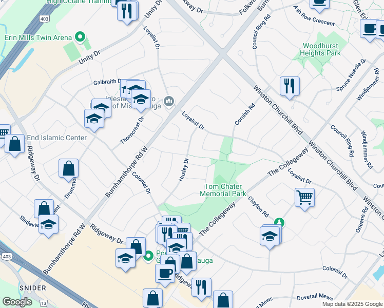 map of restaurants, bars, coffee shops, grocery stores, and more near 3635 Kelso Crescent in Mississauga