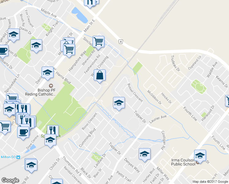 map of restaurants, bars, coffee shops, grocery stores, and more near 313 Bussel Crescent in Milton
