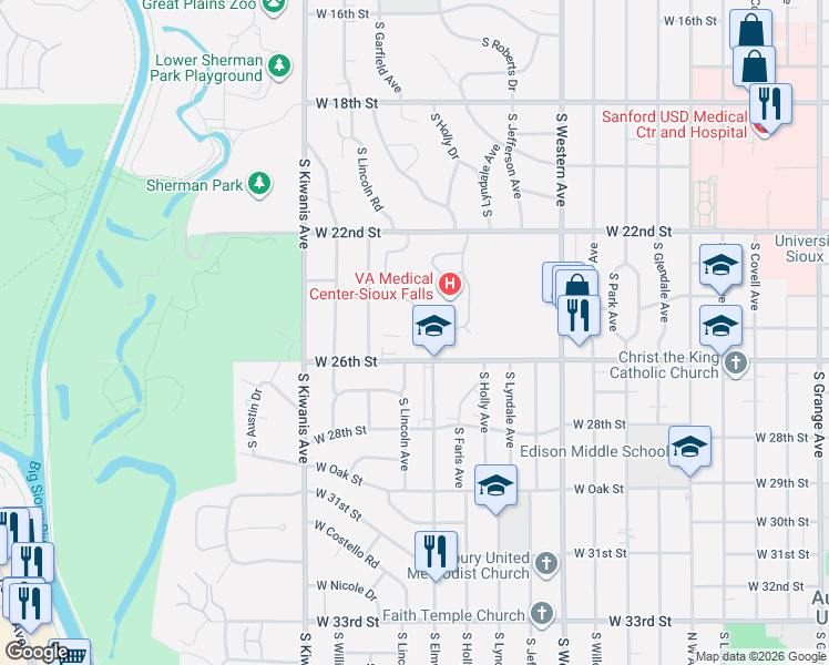 map of restaurants, bars, coffee shops, grocery stores, and more near 2602 West 26th Street in Sioux Falls