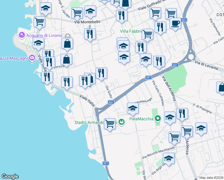 map of restaurants, bars, coffee shops, grocery stores, and more near 25 Via Giovanni da Verrazzano in Livorno