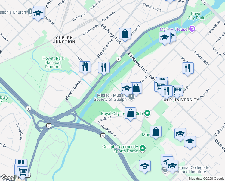 map of restaurants, bars, coffee shops, grocery stores, and more near 295 Water Street in Guelph