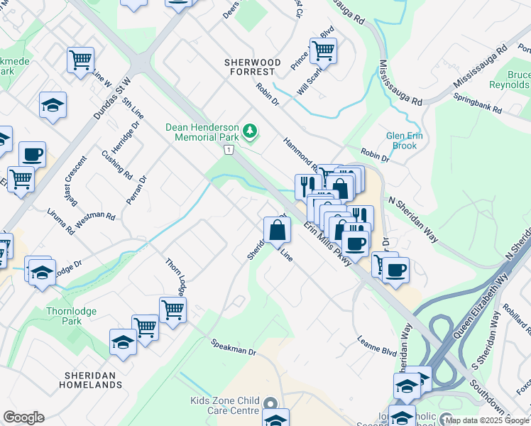 map of restaurants, bars, coffee shops, grocery stores, and more near in Mississauga
