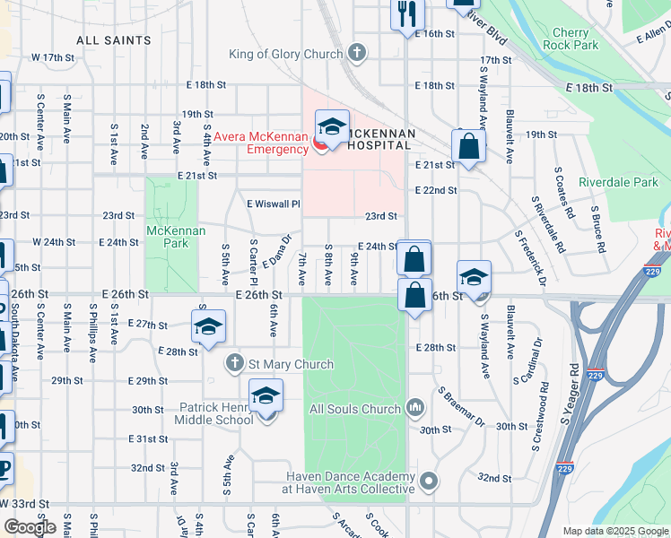 map of restaurants, bars, coffee shops, grocery stores, and more near 1719 South 9th Avenue in Sioux Falls
