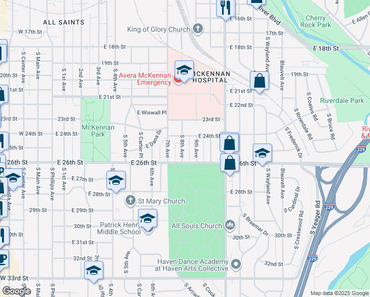 map of restaurants, bars, coffee shops, grocery stores, and more near 1719 South 8th Avenue in Sioux Falls