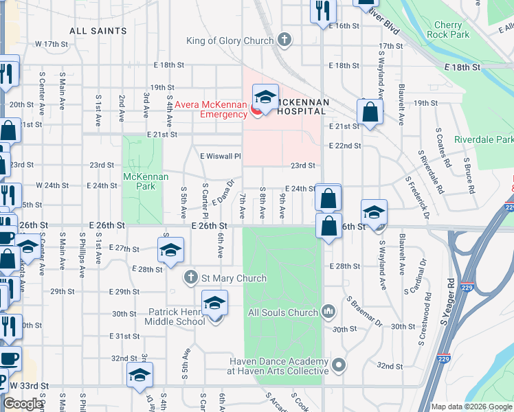 map of restaurants, bars, coffee shops, grocery stores, and more near 1719 South 8th Avenue in Sioux Falls