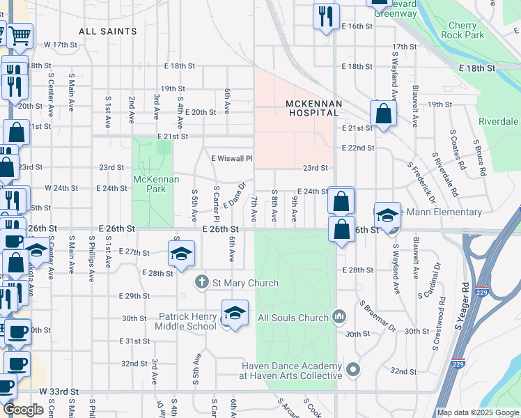 map of restaurants, bars, coffee shops, grocery stores, and more near 1719 South 8th Avenue in Sioux Falls