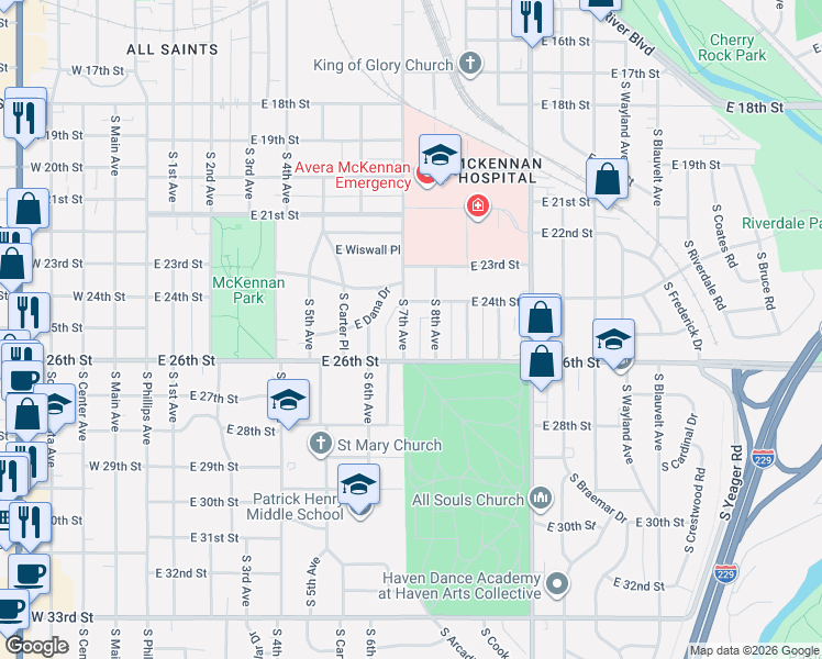 map of restaurants, bars, coffee shops, grocery stores, and more near 1719 South 8th Avenue in Sioux Falls