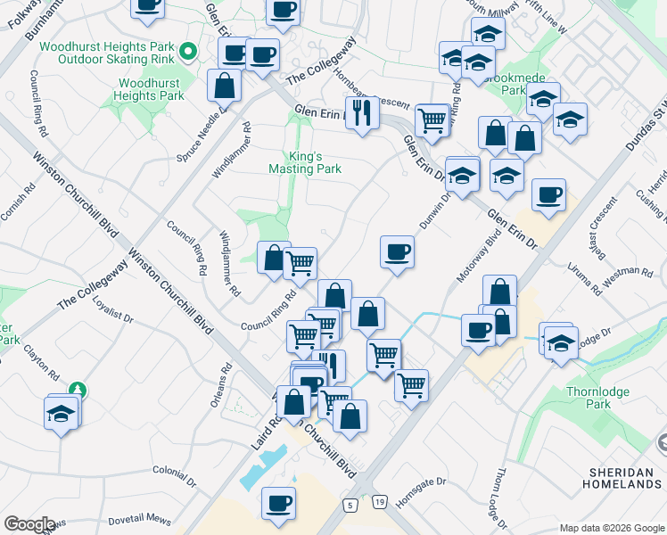 map of restaurants, bars, coffee shops, grocery stores, and more near 2531 Mainroyal Street in Mississauga