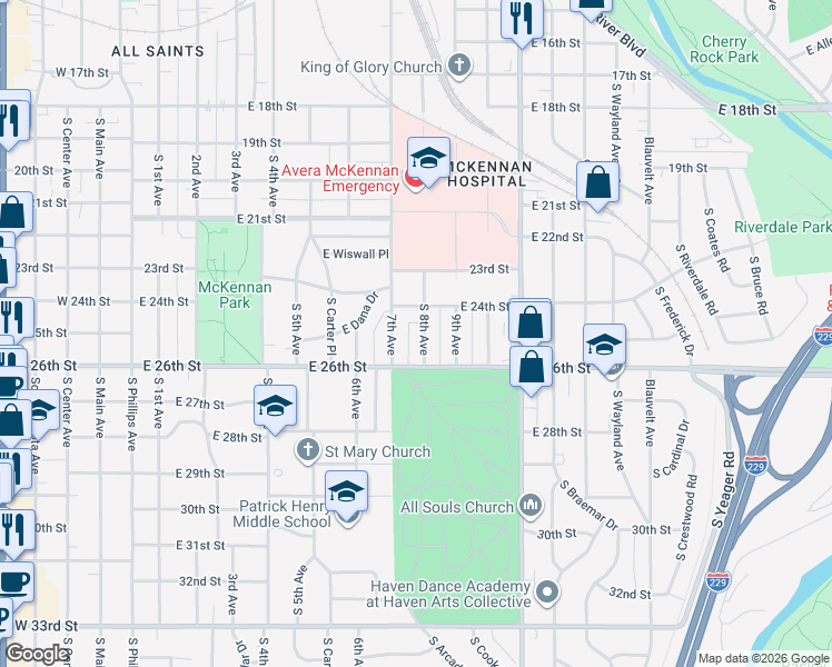 map of restaurants, bars, coffee shops, grocery stores, and more near 1719 South 8th Avenue in Sioux Falls
