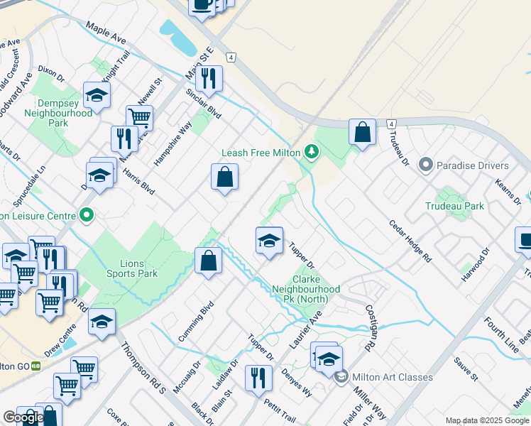map of restaurants, bars, coffee shops, grocery stores, and more near 313 Bussel Crescent in Milton