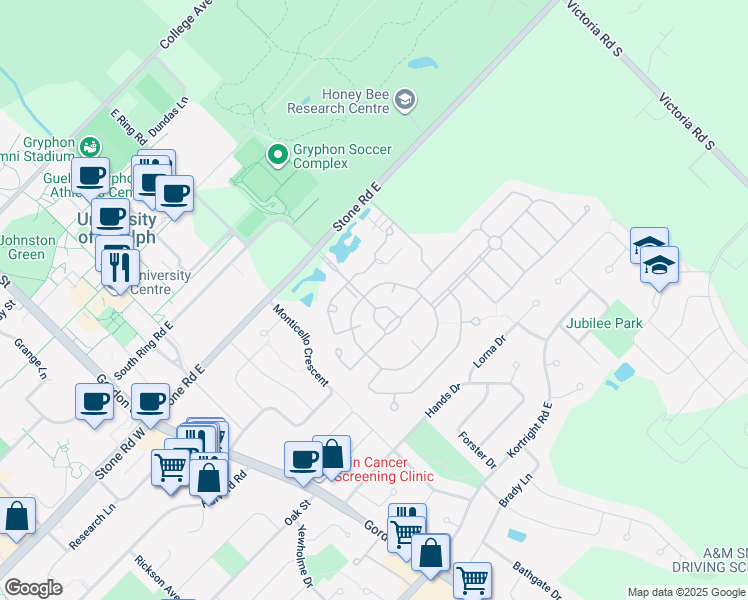 map of restaurants, bars, coffee shops, grocery stores, and more near 6 Village Green Drive in Guelph