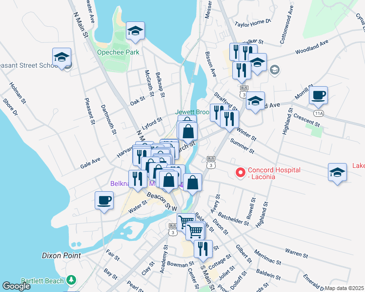 map of restaurants, bars, coffee shops, grocery stores, and more near in Laconia