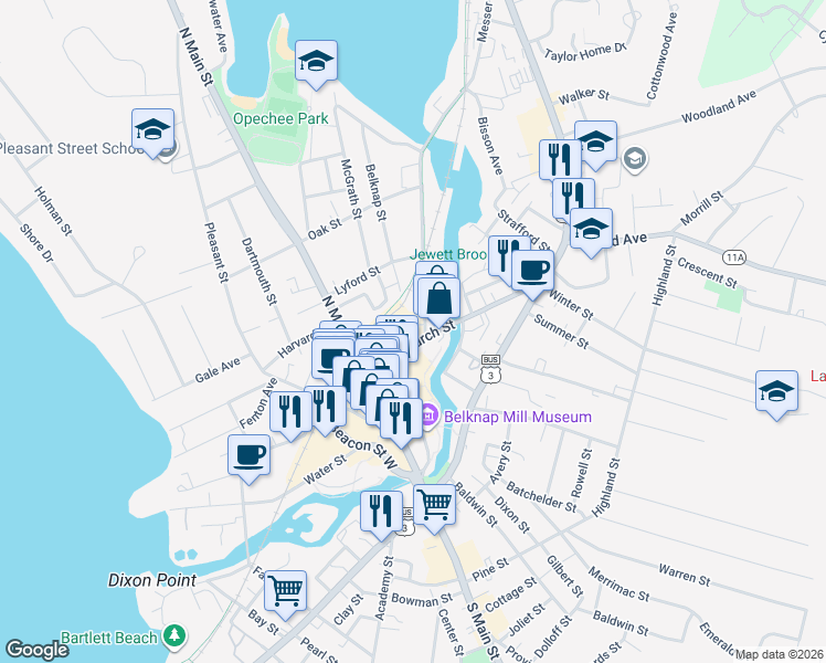 map of restaurants, bars, coffee shops, grocery stores, and more near 50 Church Street in Laconia