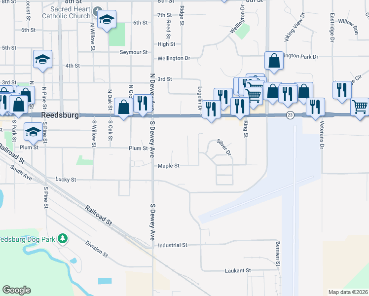 map of restaurants, bars, coffee shops, grocery stores, and more near 355 Mack Drive in Reedsburg