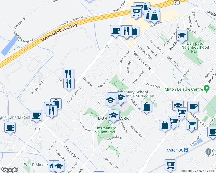 map of restaurants, bars, coffee shops, grocery stores, and more near 341 Wilson Drive in Milton